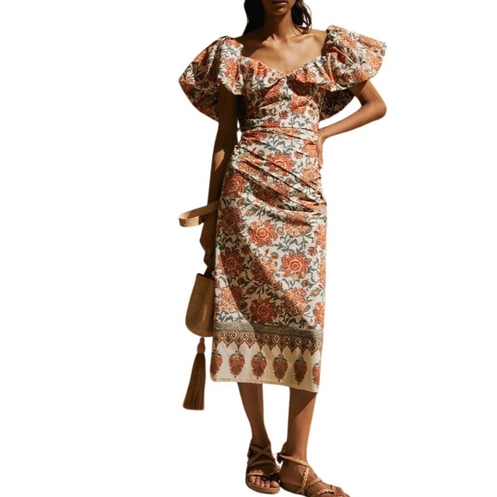 Johanna Ortiz Midi White Floral Puff-Sleeve Art de Vivre Dress. Size 6